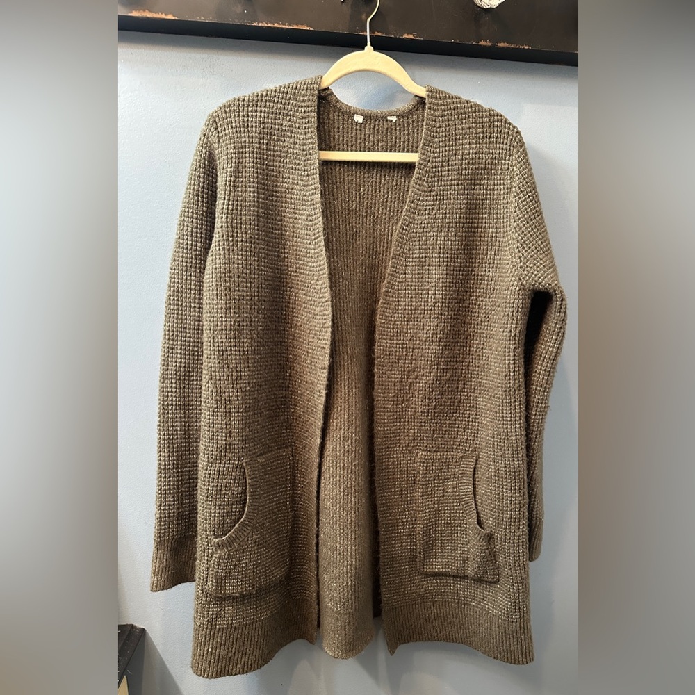 Open Front Knitted Cardigan Swearter w pockets long size XL Olive Green Browns